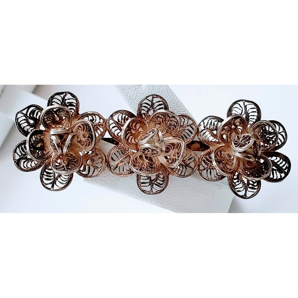 Vintage Sterling Silver Mexico Trio Filigree Design Rosebud Brooch Pin